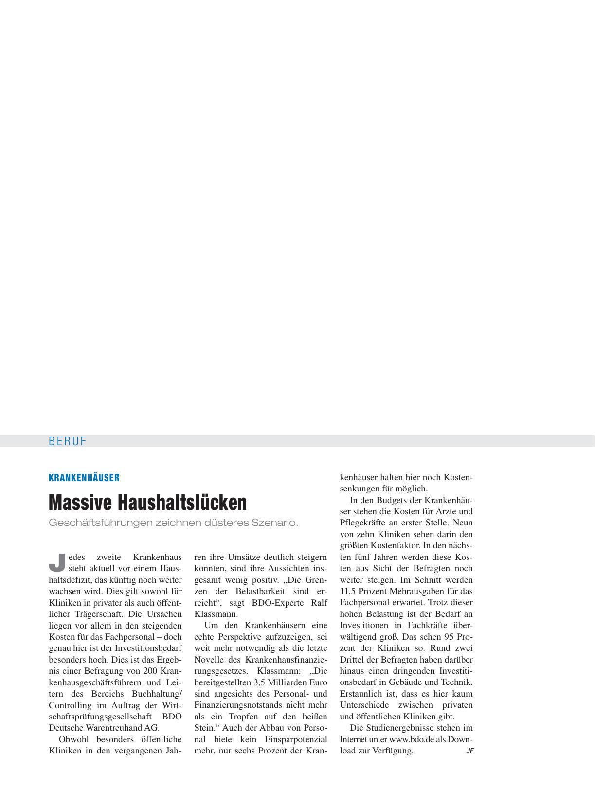 Vorschauseite 1: Krankenhäuser: Massive Haushaltslücken