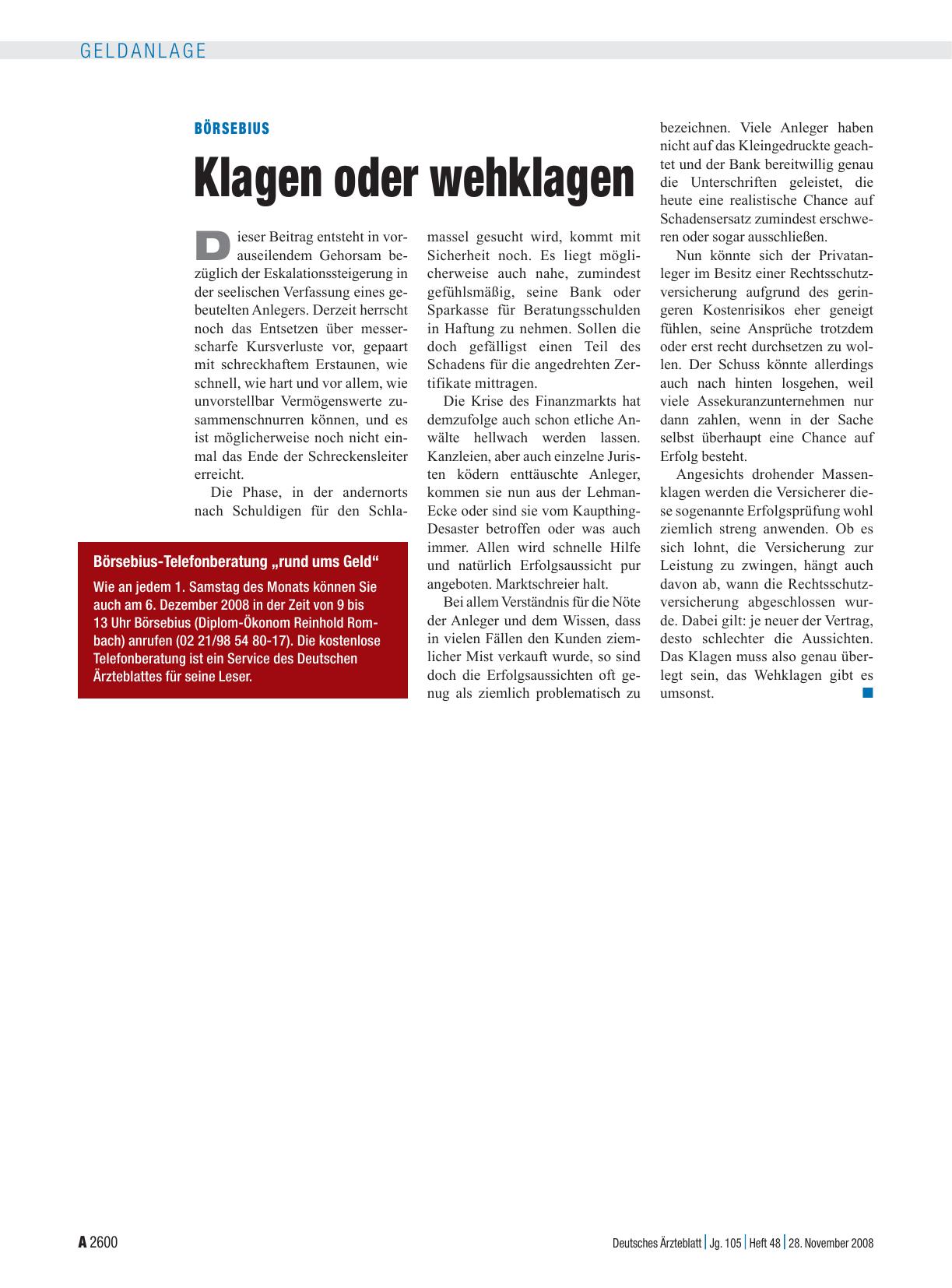Vorschauseite 1: Börsebius: Klagen oder wehklagen
