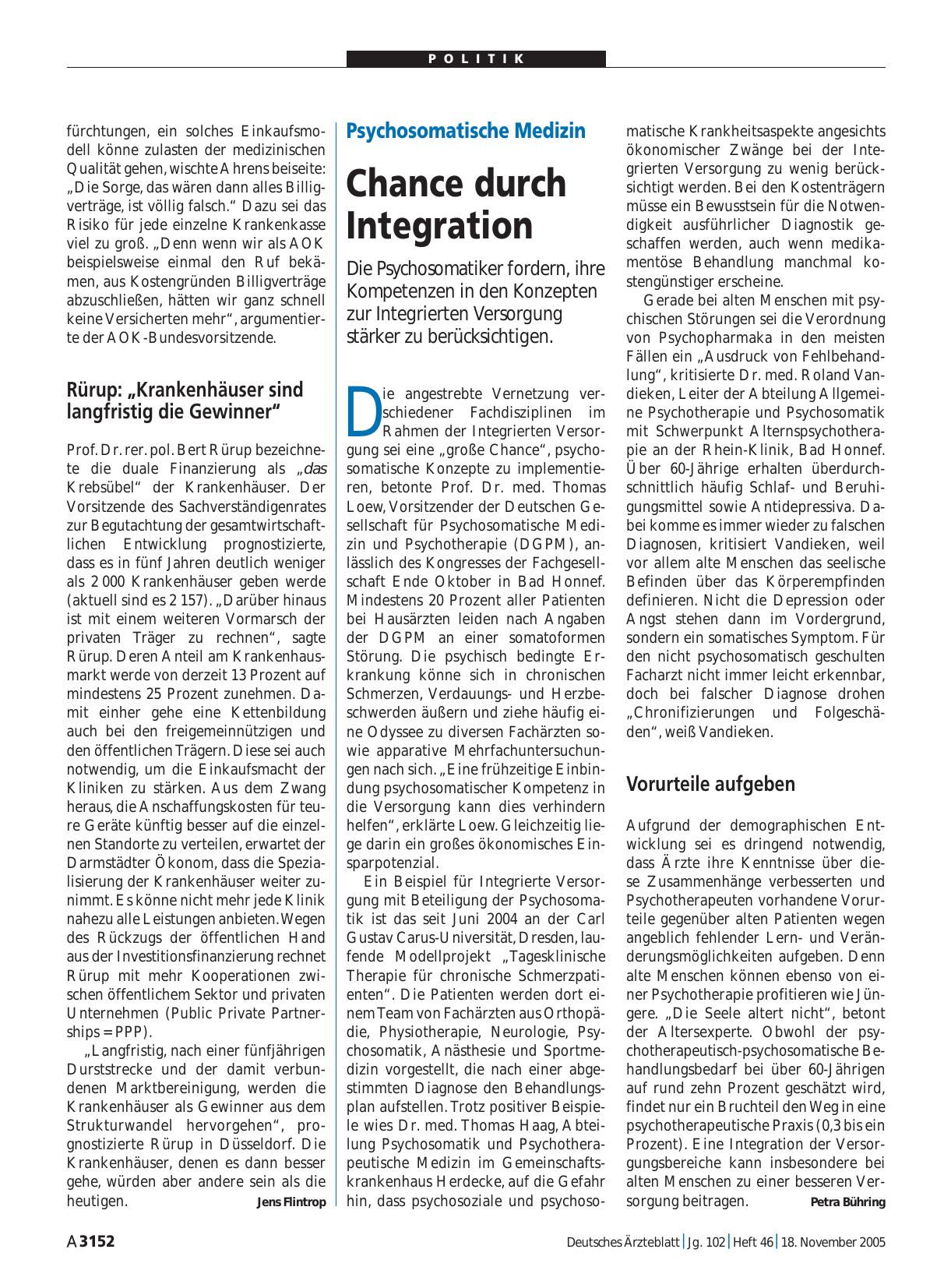 Vorschauseite 1: Psychosomatische Medizin: Chance durch Integration