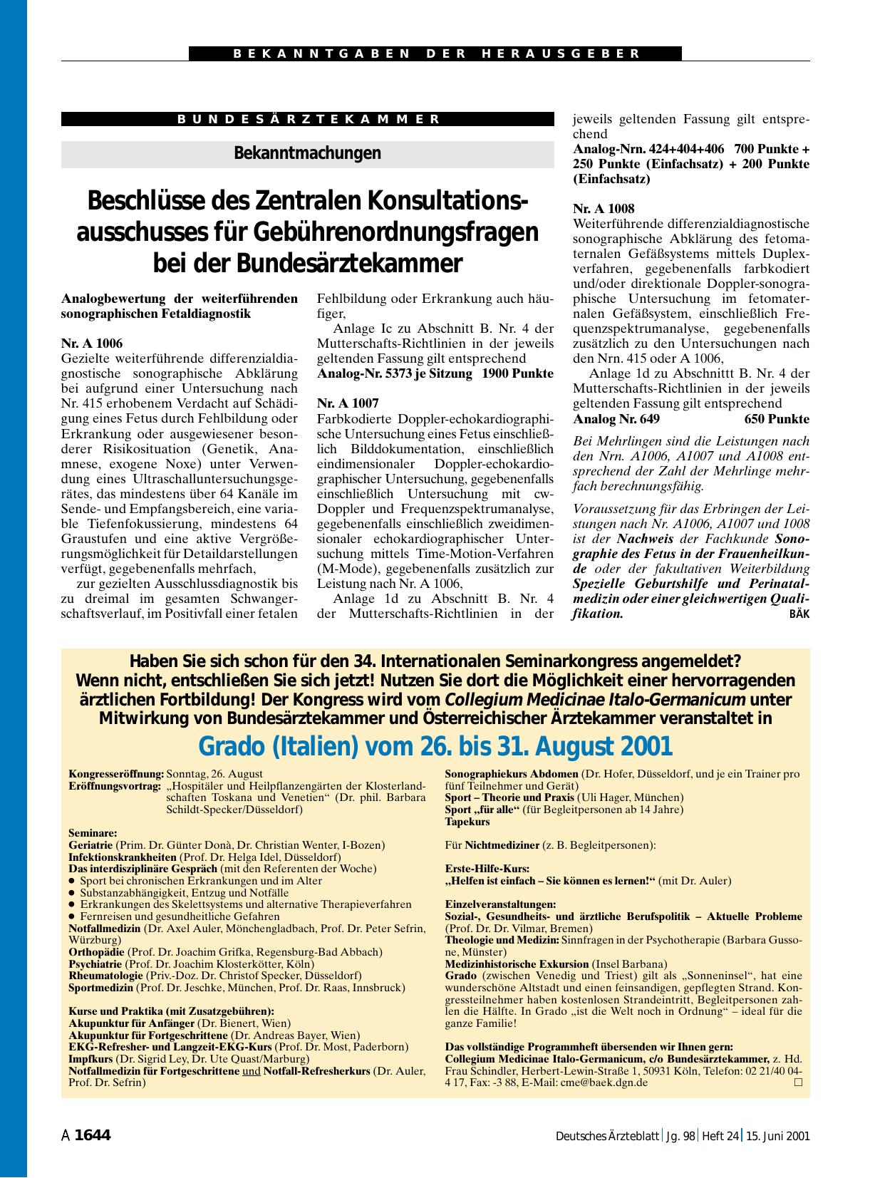 Vorschauseite 1: 34. Internationaler Seminarkongress in Grado (Italien) vom 26. bis 31. August 2001