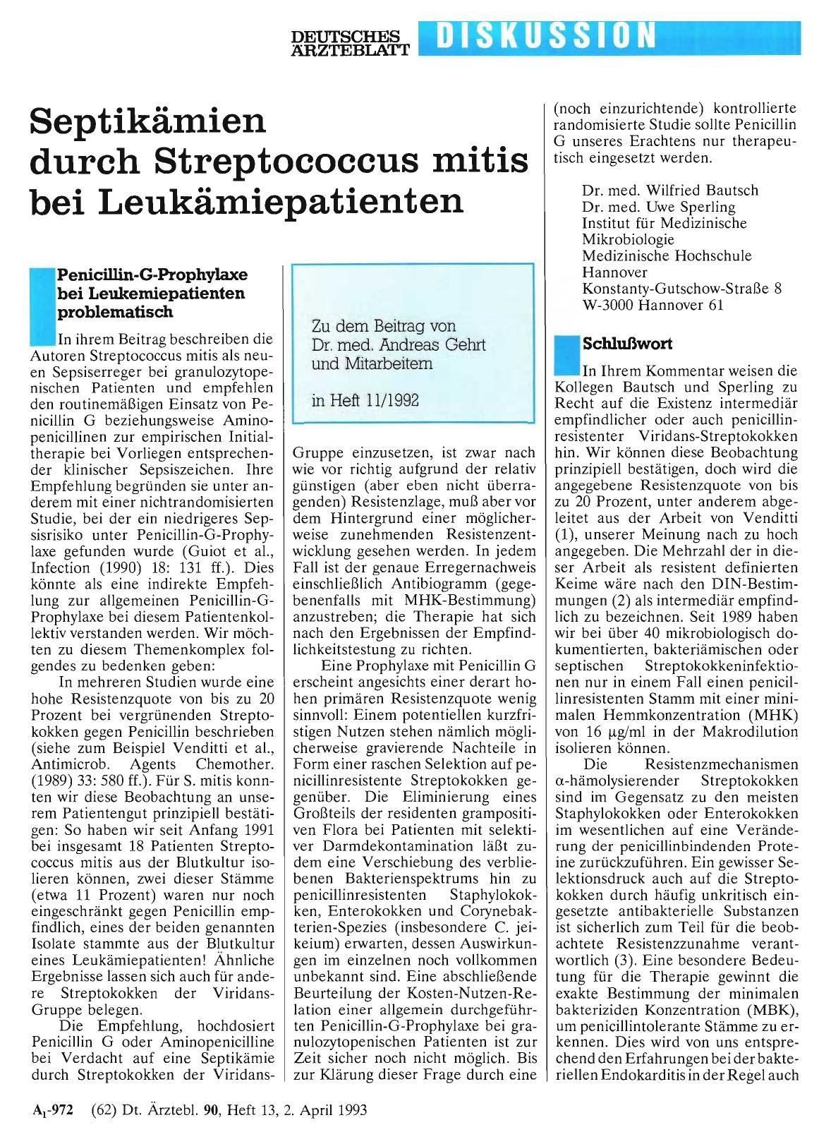 Vorschauseite 1: Septikämien durch Streptococcus mitis bei Leukämiepatienten: Schlußwort