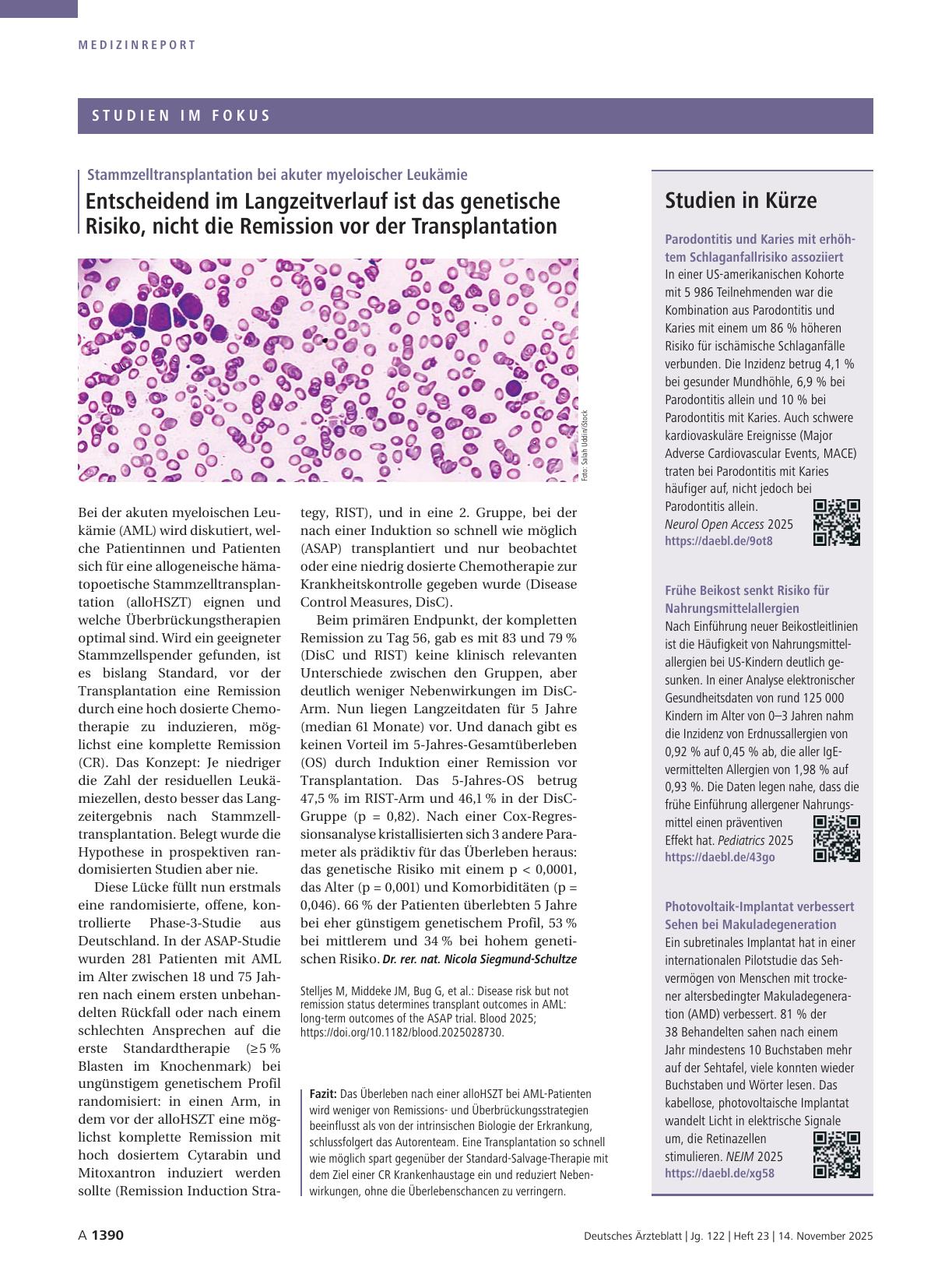 Vorschauseite 1: Stammzelltransplantation bei akuter myeloischer Leukämie: Entscheidend im Langzeitverlauf ist das genetische Risiko, nicht die Remission vor der Transplantation