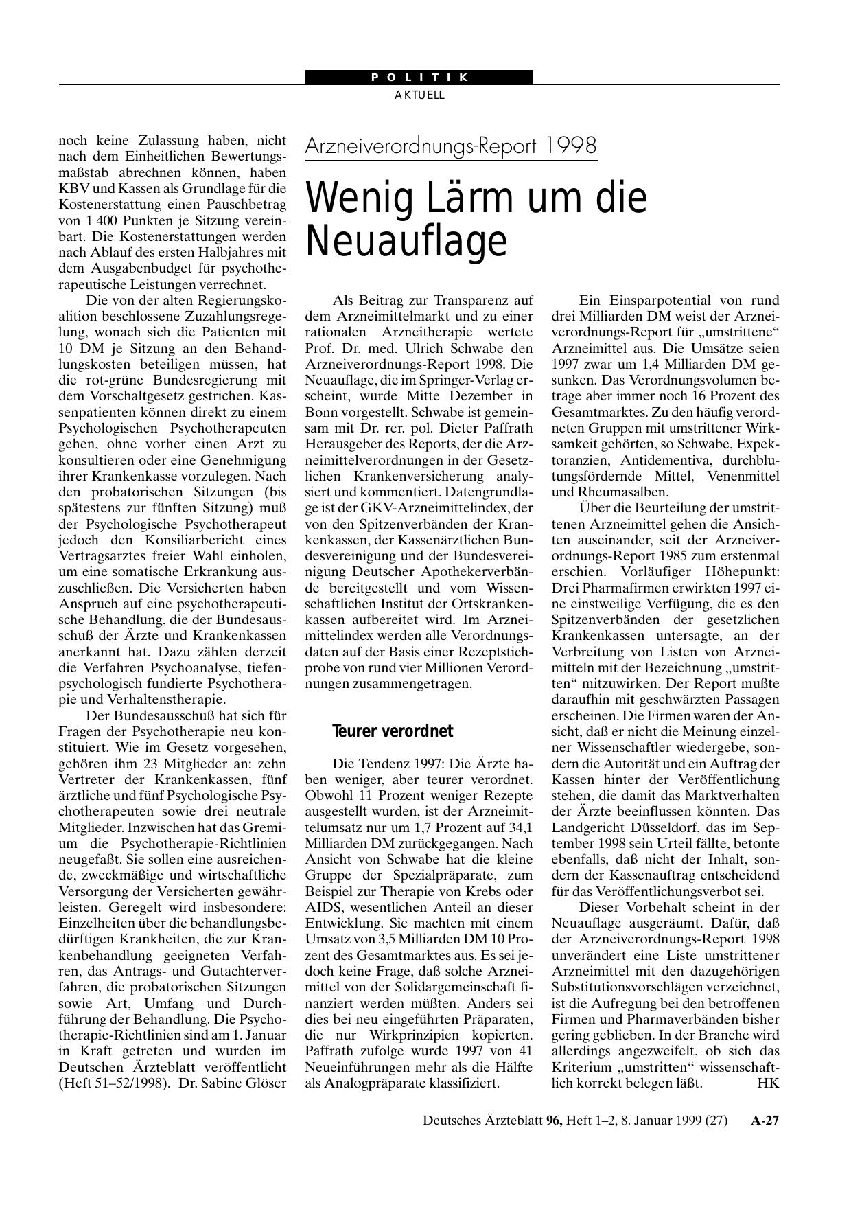Vorschauseite 1: Arzneiverordnungs-Report 1998: Wenig Lärm um die Neuauflage