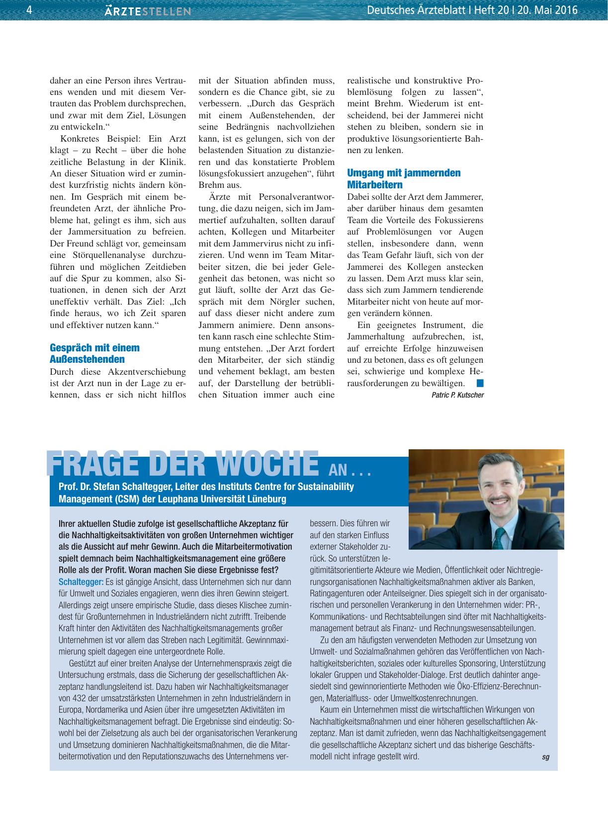 Vorschauseite 1: Frage der Woche an. .. Prof. Dr. Stefan Schaltegger, Leiter des Instituts Centre for Sustainability Management (CSM) der Leuphana Universität Lüneburg