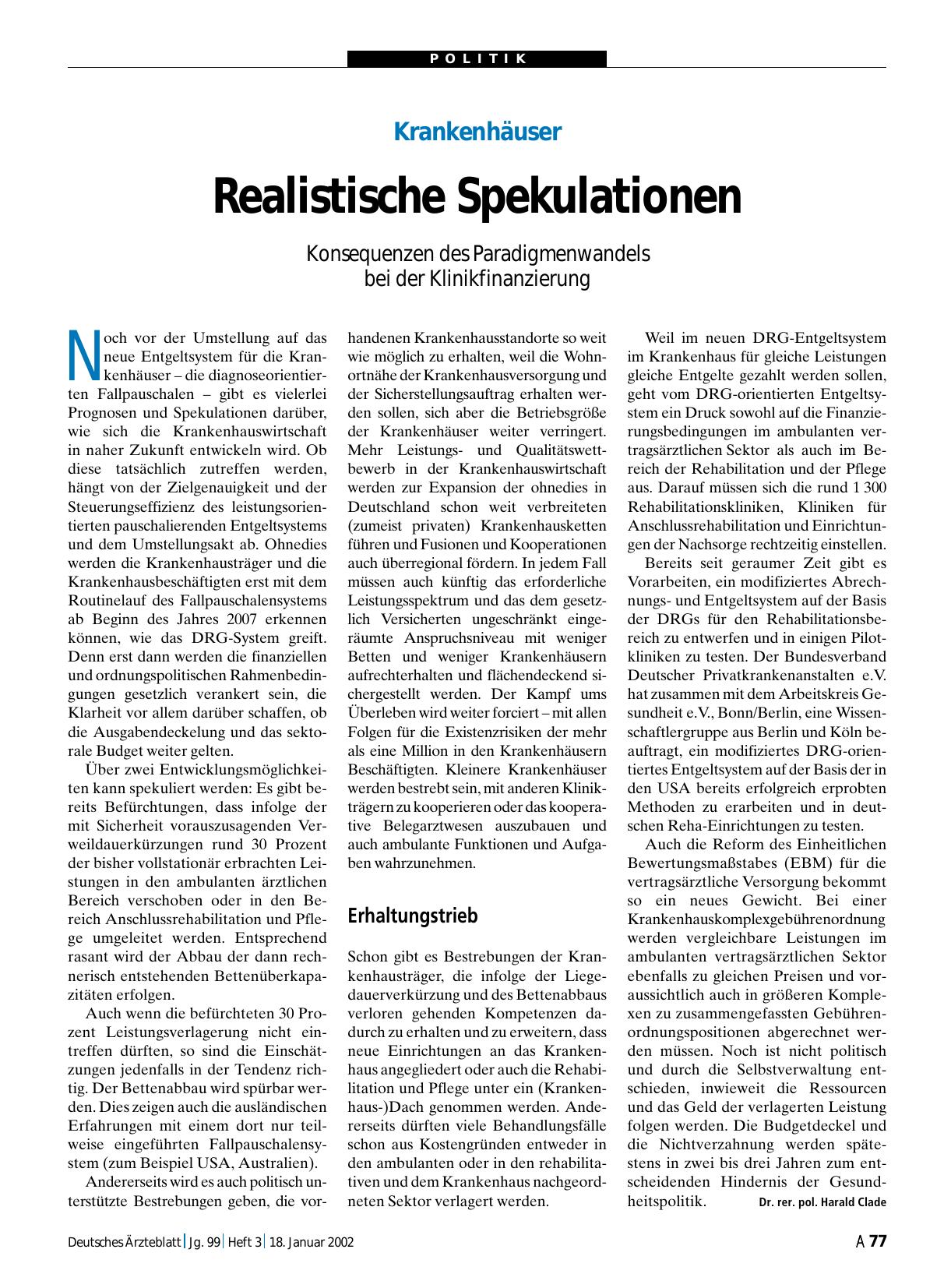 Vorschauseite 1: Krankenhäuser: Realistische Spekulationen