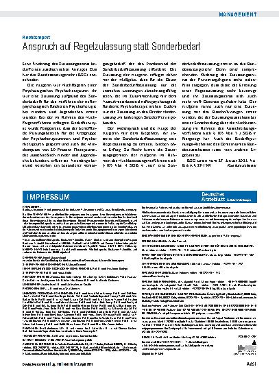 Vorschauseite 1: Rechtsreport: Anspruch auf Regelzulassung statt Sonderbedarf