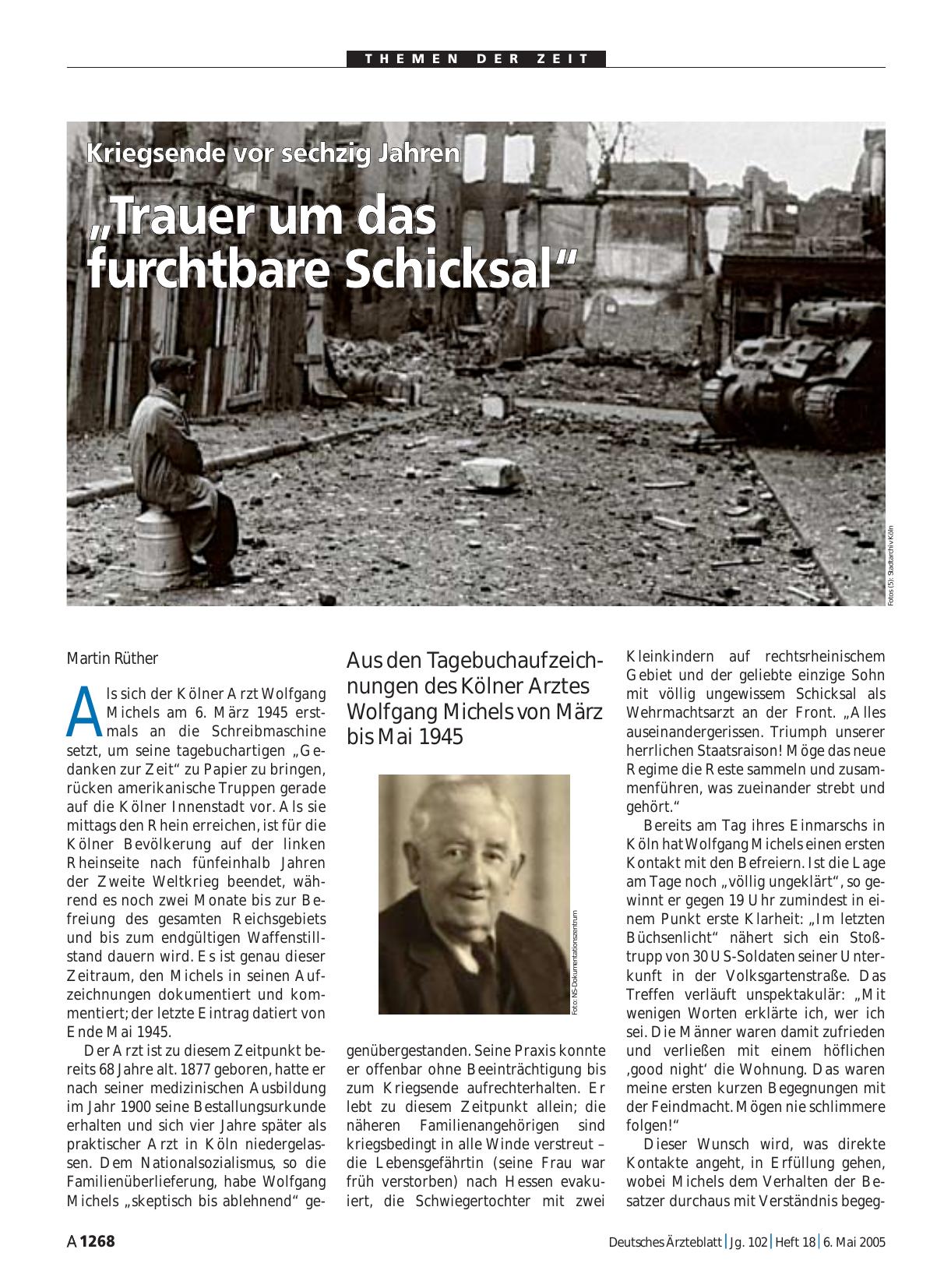 Vorschauseite 1: Kriegsende vor sechzig Jahren: „Trauer um das furchtbare Schicksal“