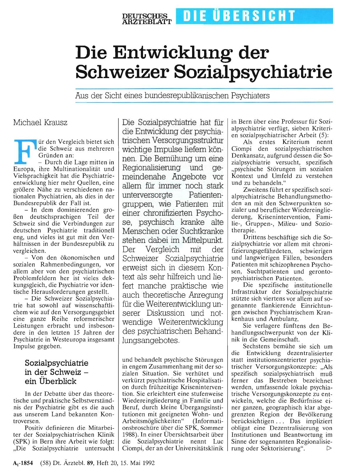Vorschauseite 1: Die Entwicklung der Schweizer Sozialpsychiatrie: Aus der Sicht eines bundesrepublikanischen Psychiaters