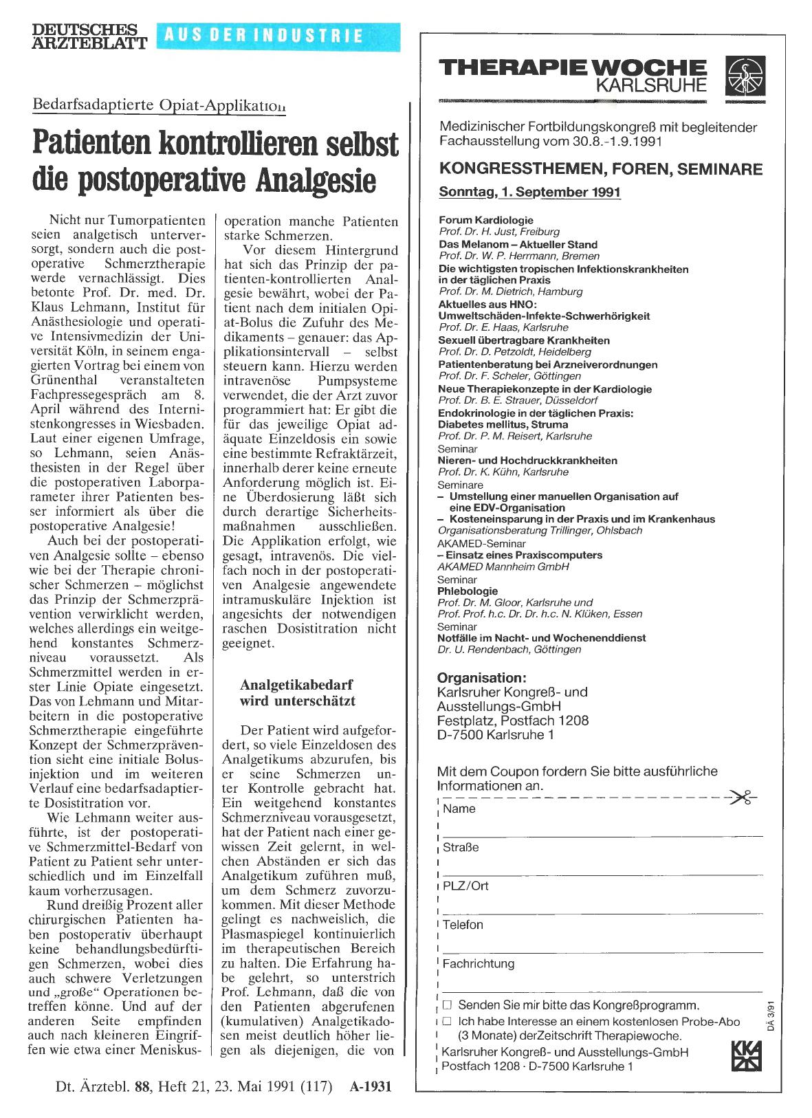 Vorschauseite 1: Bedarfsadaptierte Opiat-Applikation: Patienten kontrollieren selbst die postoperative Analgesie