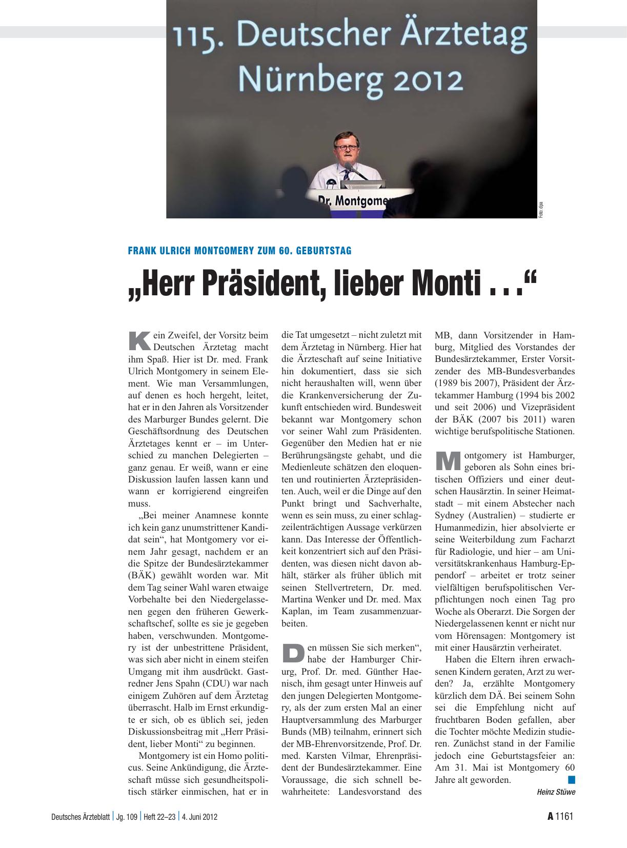 Vorschauseite 1: Frank Ulrich Montgomery zum 60. Geburtstag: „Herr Präsident, lieber Monti. .. “
