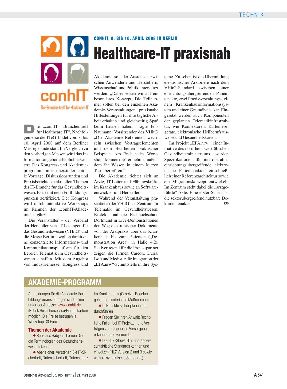 Vorschauseite 1: conhIT, 8. bis 10. April 2008 in Berlin: Healthcare-IT praxisnah