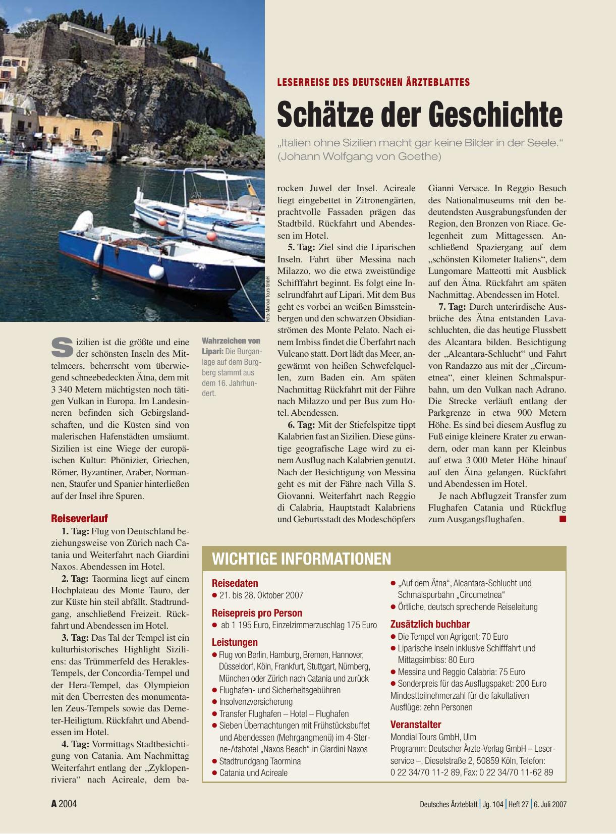 Vorschauseite 1: Leserreise des Deutschen Ärzteblattes: Schätze der Geschichte