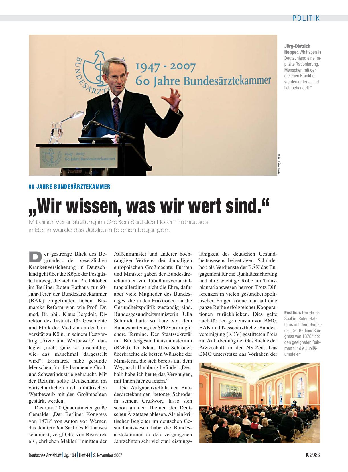 Vorschauseite 1: 60 Jahre Bundesärztekammer: „Wir wissen, was wir wert sind. “