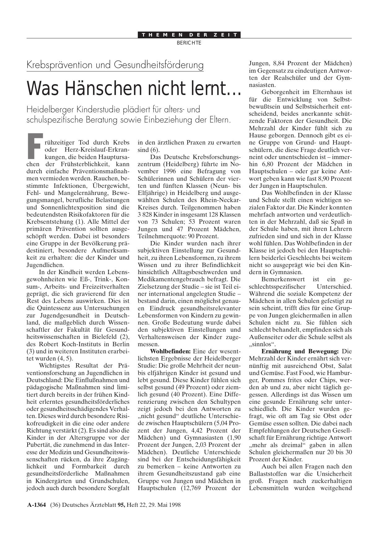 Vorschauseite 1: Krebsprävention und Gesundheitsförderung: Was Hänschen nicht lernt. ..
