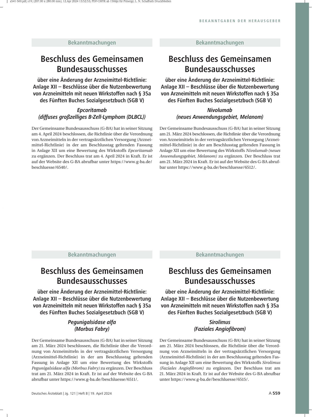 Vorschauseite 1: Beschluss des Gemeinsamen Bundesausschusses über eine Änderung der Arzneimittel-Richtlinie: Epcoritamab (diffuses großzelliges B-Zell-Lymphom (DLBCL))