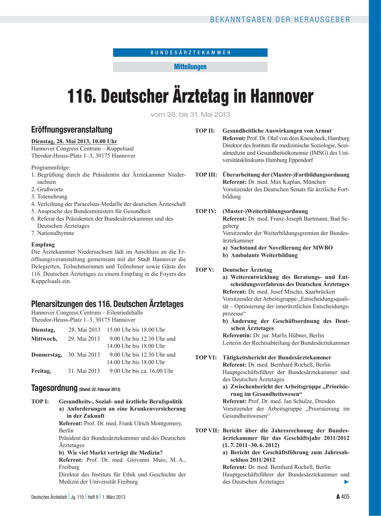 Vorschauseite 1: 116. Deutscher Ärztetag in Hannover