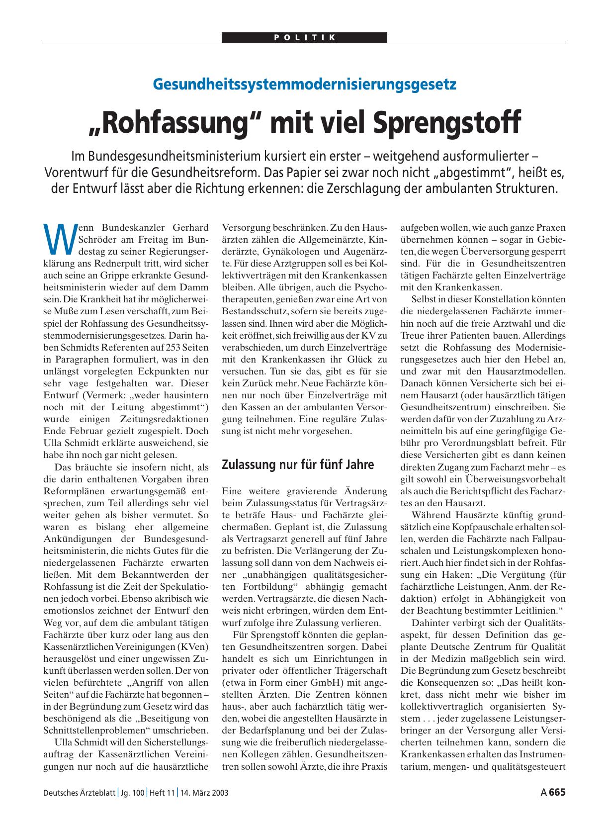 Vorschauseite 1: Gesundheitssystemmodernisierungsgesetz: „Rohfassung“ mit viel Sprengstoff