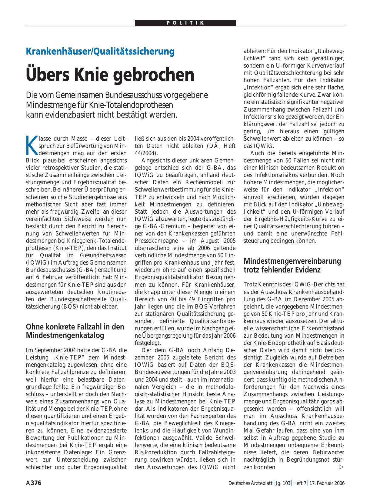 Vorschauseite 1: Krankenhäuser/Qualitätssicherung: Übers Knie gebrochen