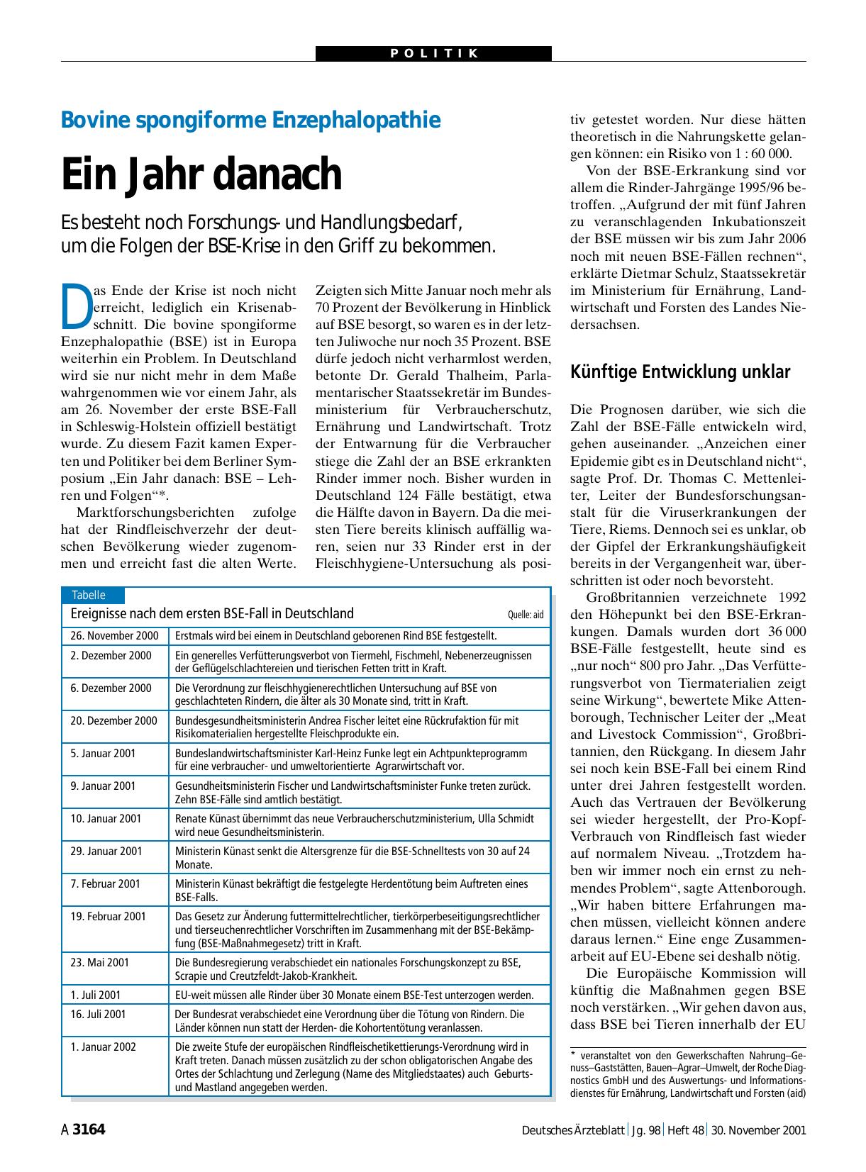 Vorschauseite 1: Bovine spongiforme Enzephalopathie: Ein Jahr danach