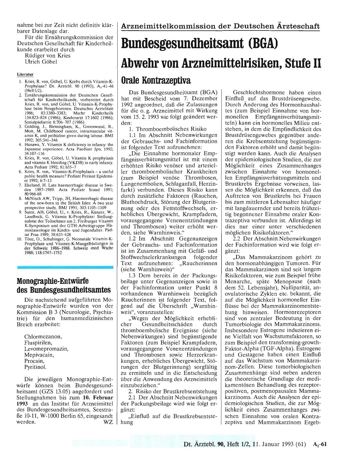 Vorschauseite 1: Bundesgesundheitsamt (BGA) Abwehr von Arzneimittelrisiken, Stufe II: Orale Kontrazeptiva