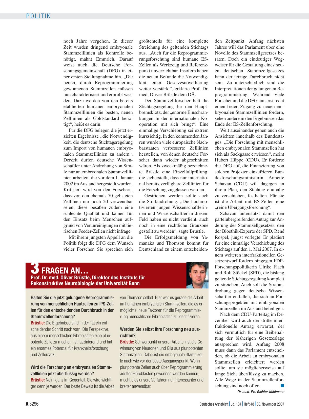 Vorschauseite 1: 3 Fragen an… Prof. Dr. med. Oliver Brüstle, Direktor des Instituts für Rekonstruktive Neurobiologie der Universität Bonn
