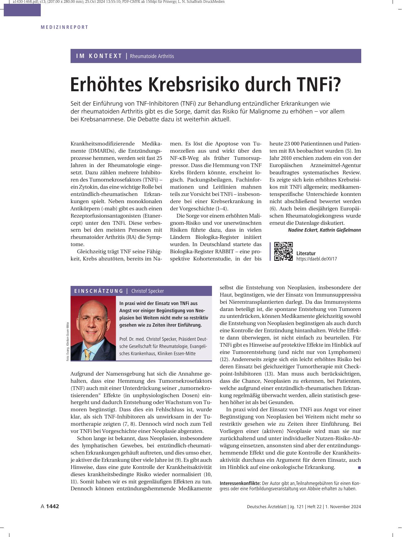 Vorschauseite 1: Rheumatoide Arthritis: Erhöhtes Krebsrisiko durch TNFi?