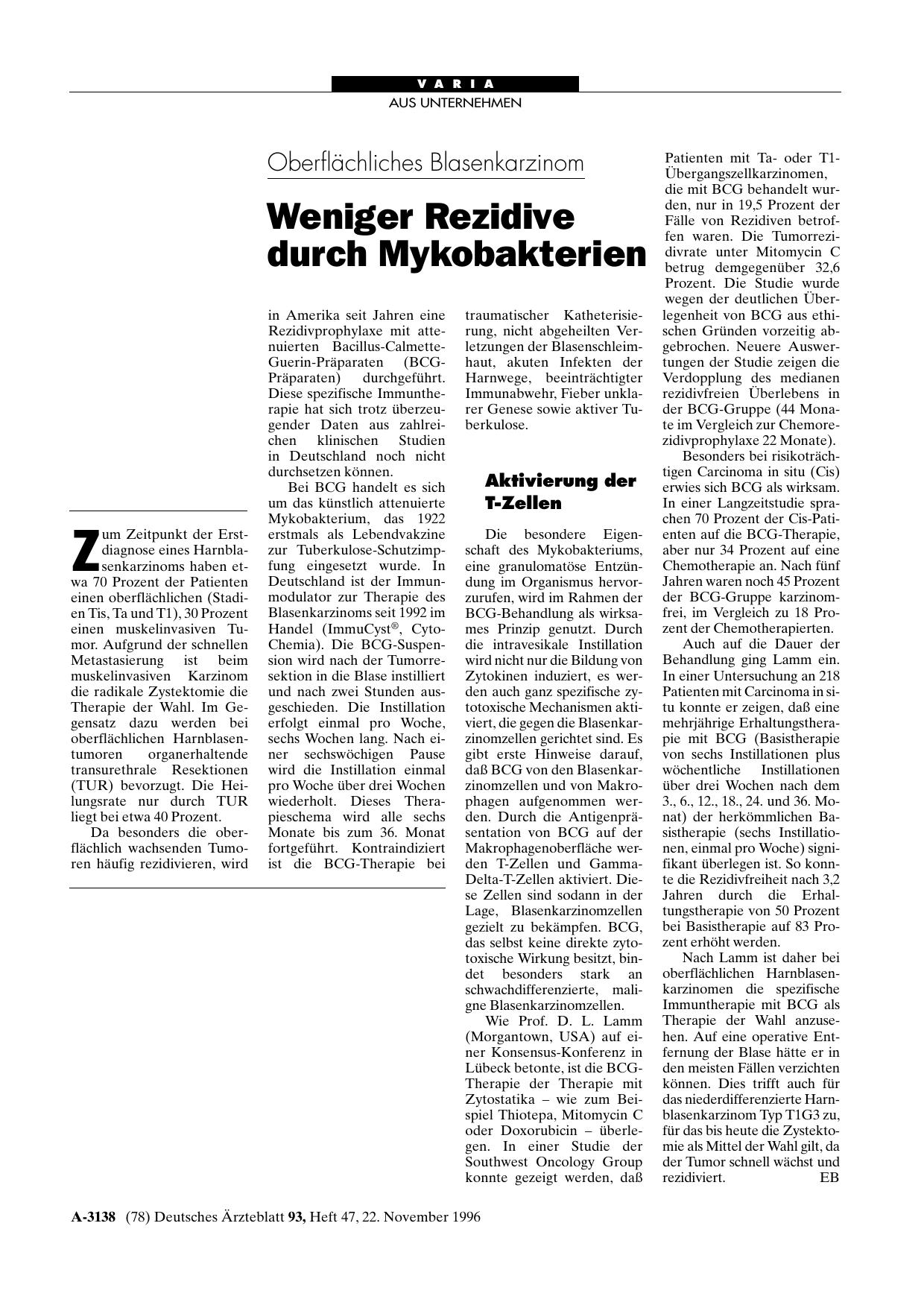 Vorschauseite 1: Oberflächliches Blasenkarzinom: Weniger Rezidive durch Mykobakterien