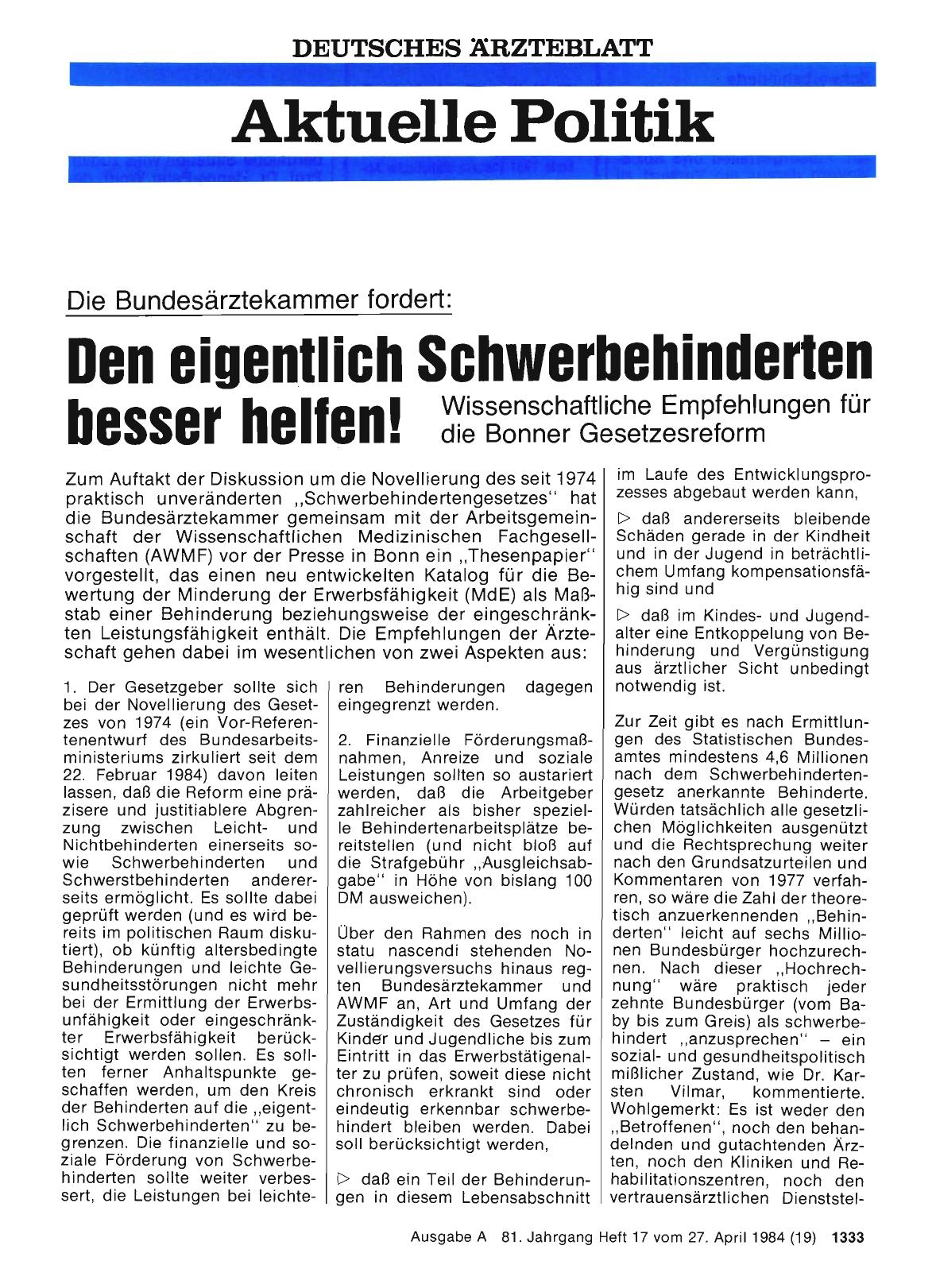 Vorschauseite 1: Die Bundesärztekammer fordert: Den eigentlich Schwerbehinderten besser helfen!
