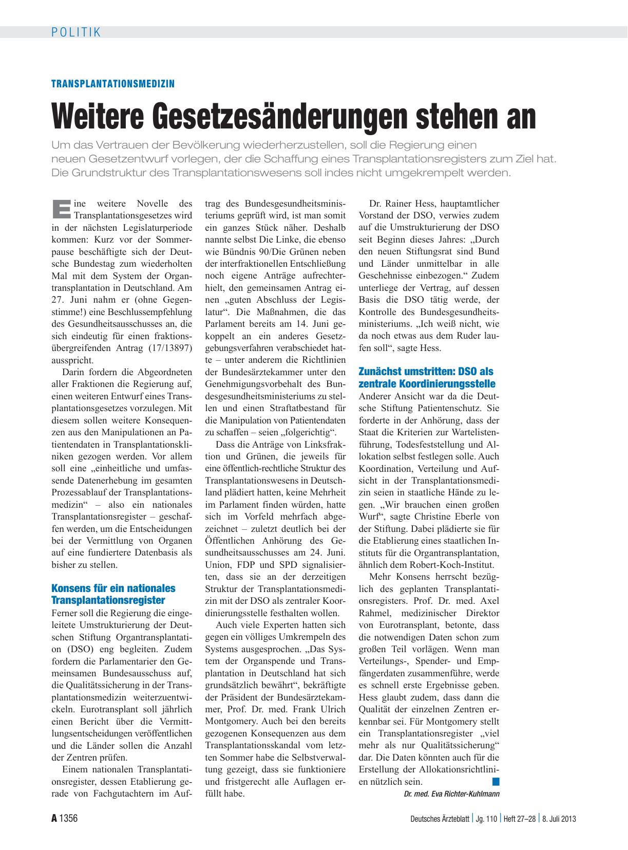 Vorschauseite 1: Transplantationsmedizin: Weitere Gesetzesänderungen stehen an