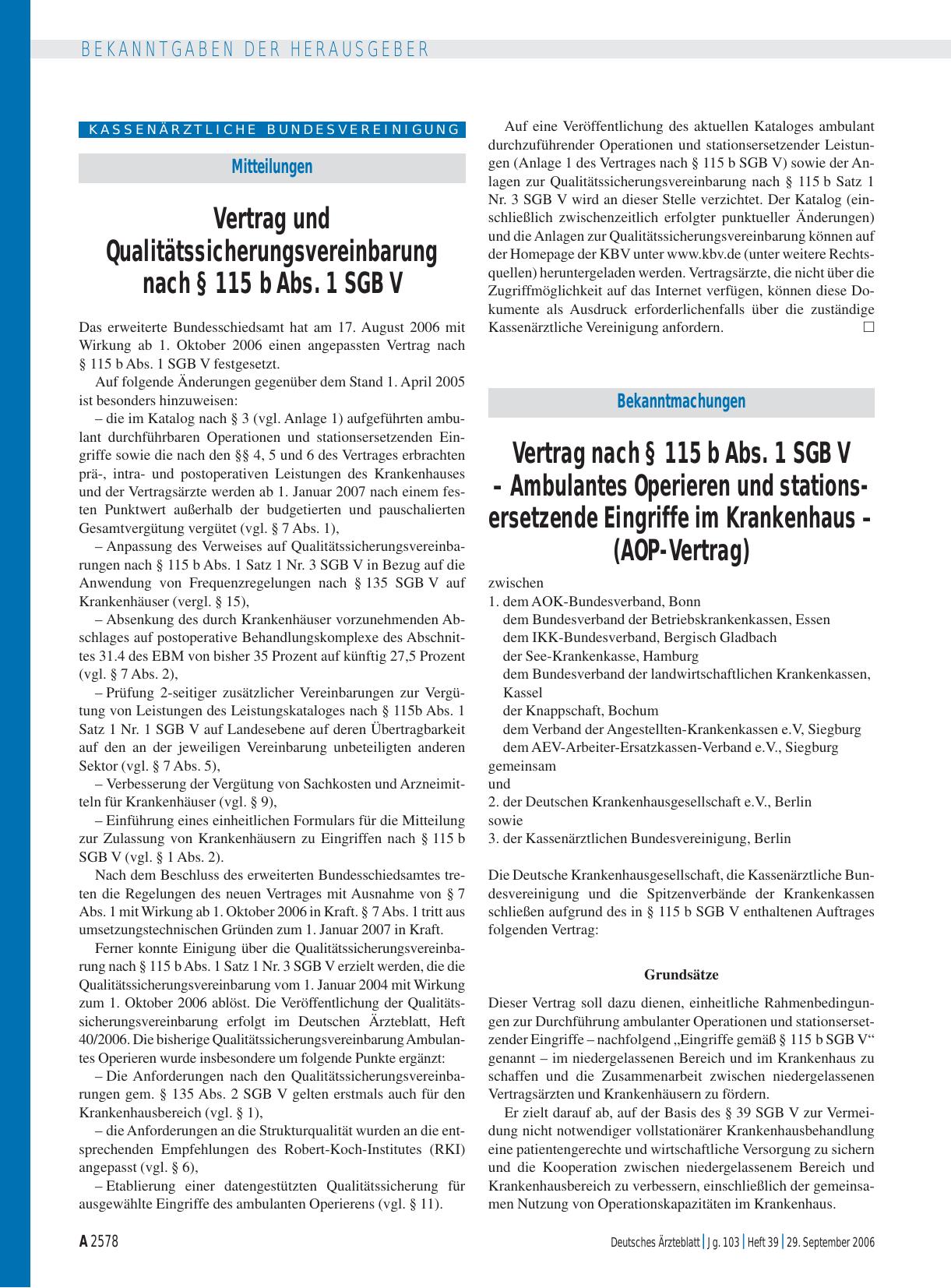 Vorschauseite 1: Mitteilungen: Vertrag und Qualitätssicherungsvereinbarung nach § 115 b Abs. 1 SGB V