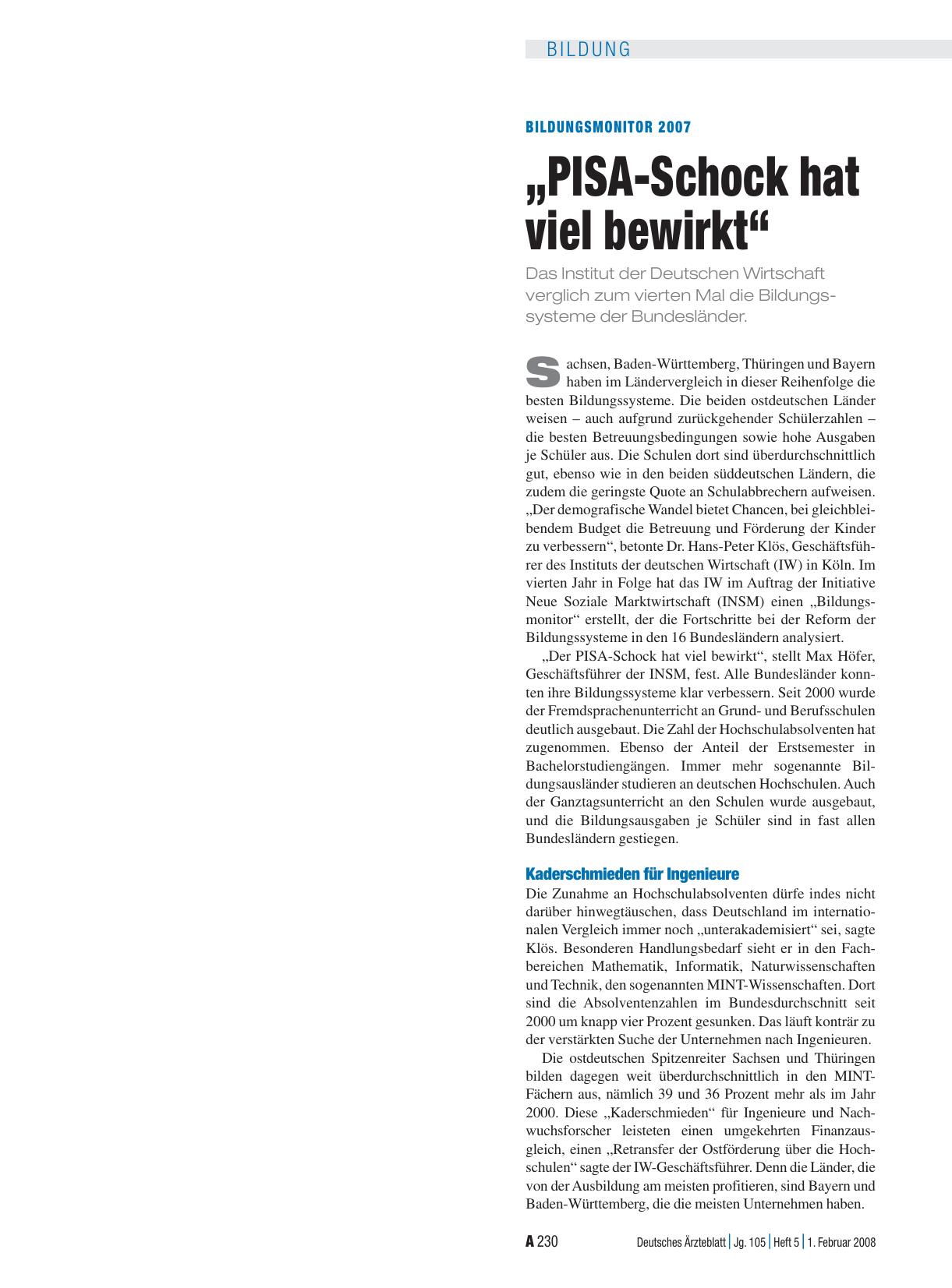 Vorschauseite 1: Bildungsmonitor 2007: „PISA-Schock hat viel bewirkt“