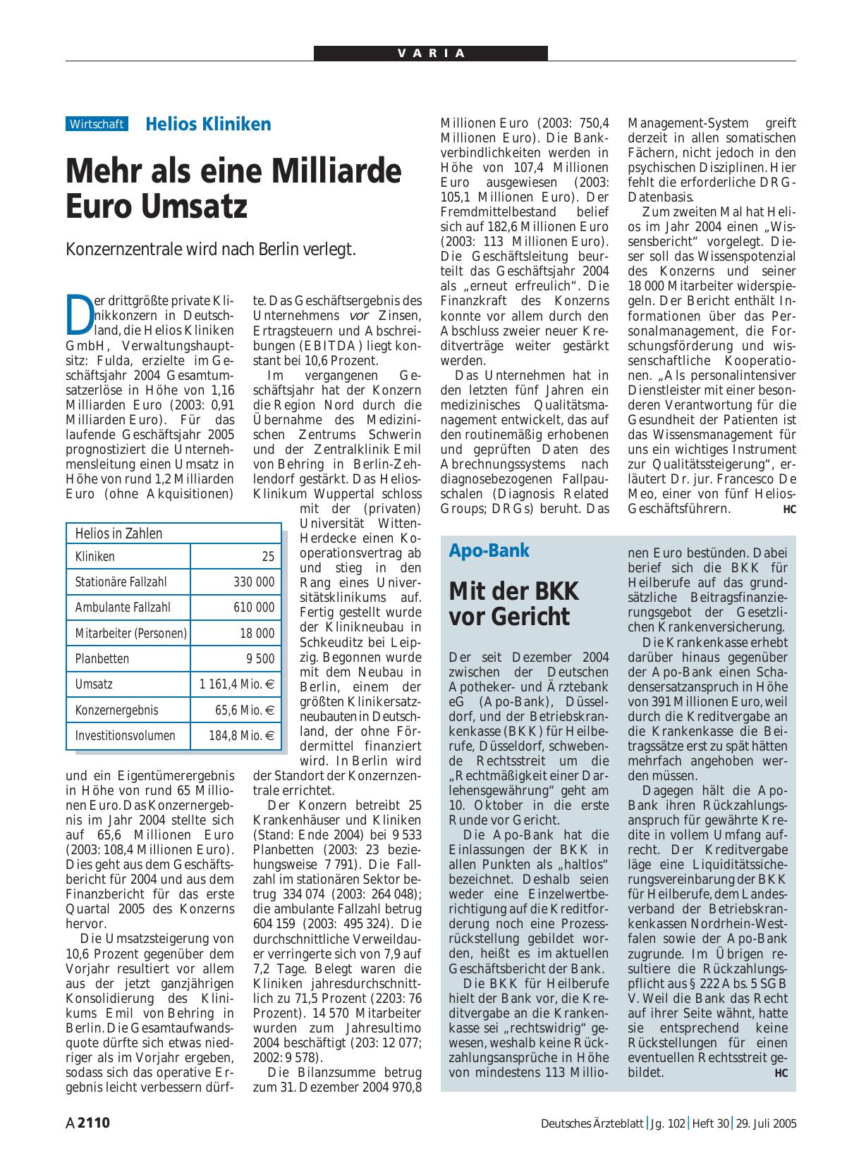 Vorschauseite 1: Helios Kliniken: Mehr als eine Milliarde Euro Umsatz