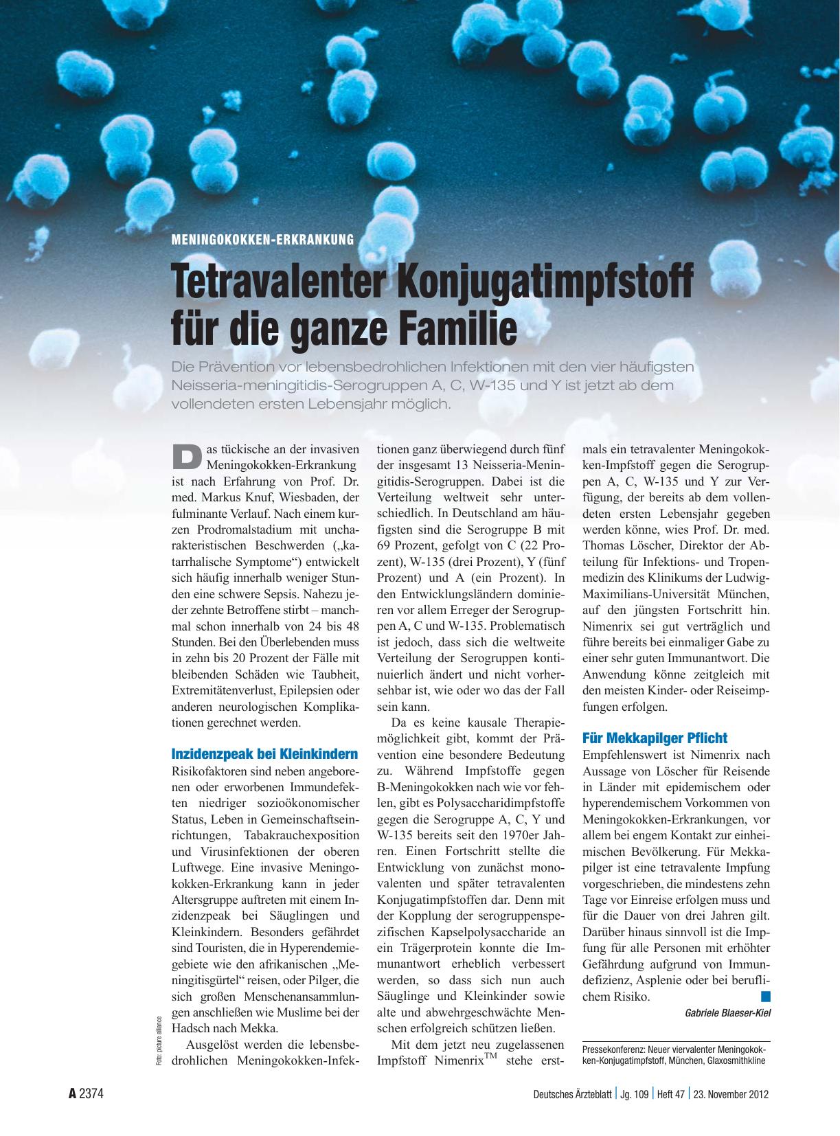 Vorschauseite 1: Meningokokken-Erkrankung: Tetravalenter Konjugatimpfstoff für die ganze Familie