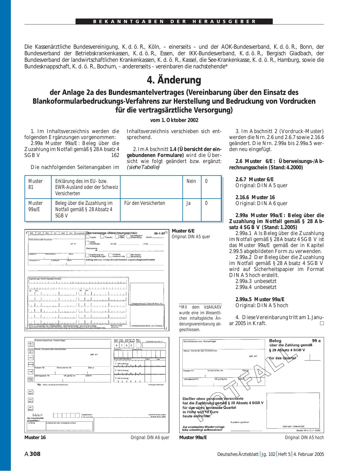 Vorschauseite 1: 4. Änderung der Anlage 2a des Bundesmantelvertrages (Vereinbarung über den Einsatz des Blankoformularbedruckungs-Verfahrens zur Herstellung und Bedruckung von Vordrucken für die v…