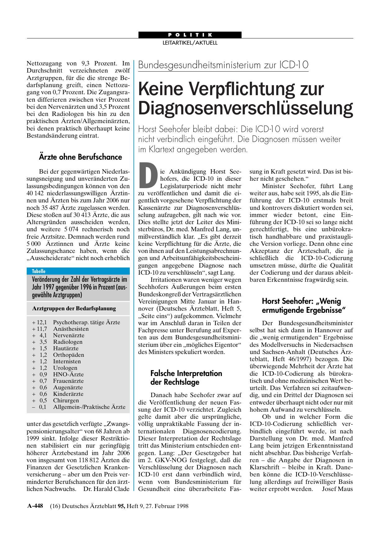 Vorschauseite 1: Bundesgesundheitsministerium zur ICD-10: Keine Verpflichtung zur Diagnosenverschlüsselung