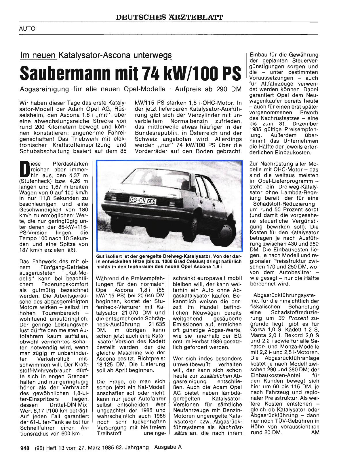 Vorschauseite 1: Im neuen Katalysator-Ascona unterwegs: Saubermann mit 74 kW/100 PS