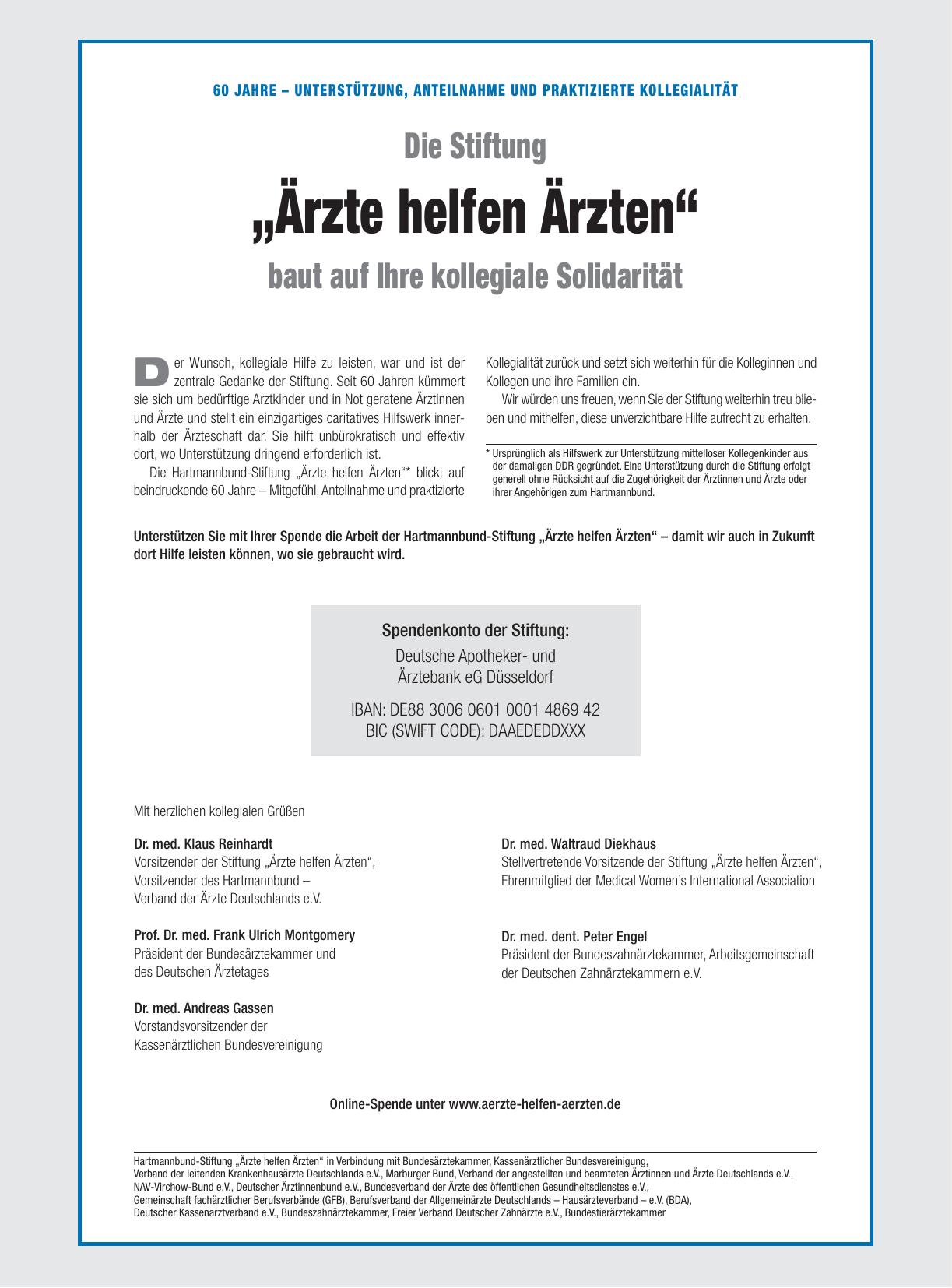 Vorschauseite 1: 60 Jahre – Unterstützung, Anteilnahme und praktizierte Kollegialität: Die Stiftung „Ärzte helfen Ärzten“ baut auf Ihre kollegiale Solidarität
