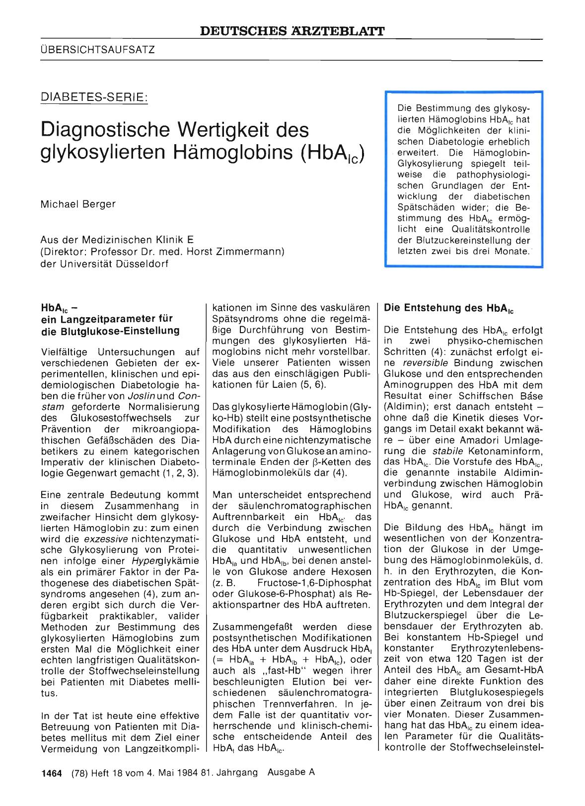 Vorschauseite 1: Diagnostische Wertigkeit des glykosylierten Hämoglobins (HbA lc)