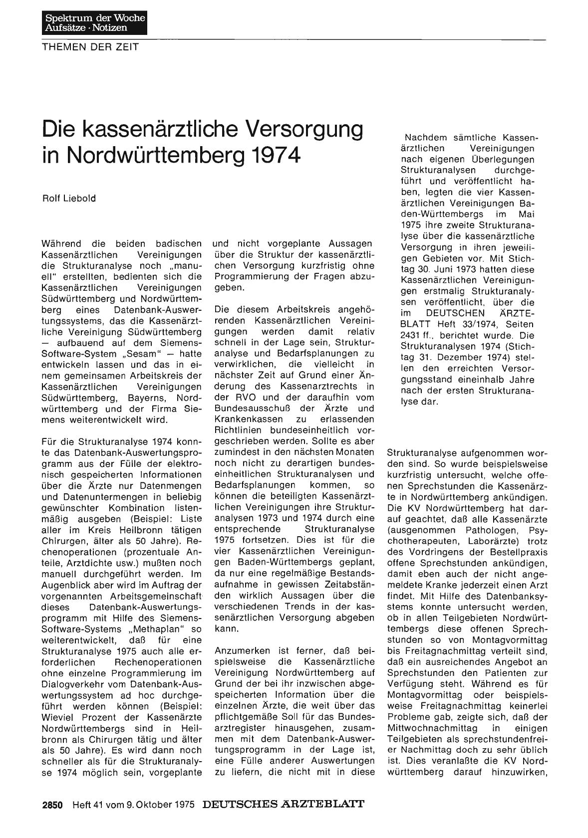 Vorschauseite 1: Die kassenärztliche Versorgung in Nordwürttemberg 1974