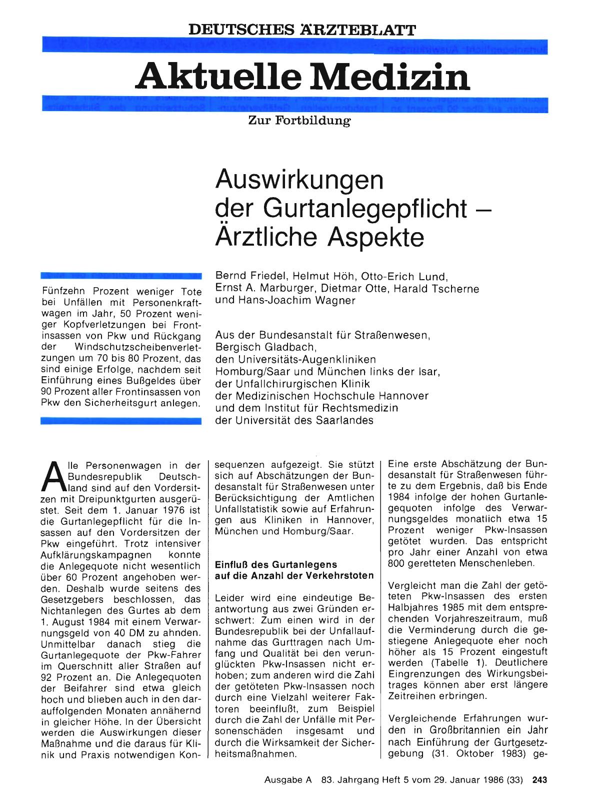 Vorschauseite 1: Auswirkungen der Gurtanlegepflicht — Ärztliche Aspekte