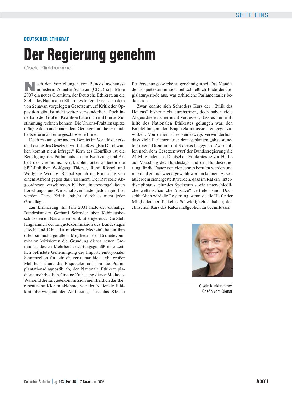 Vorschauseite 1: Deutscher Ethikrat: Der Regierung genehm