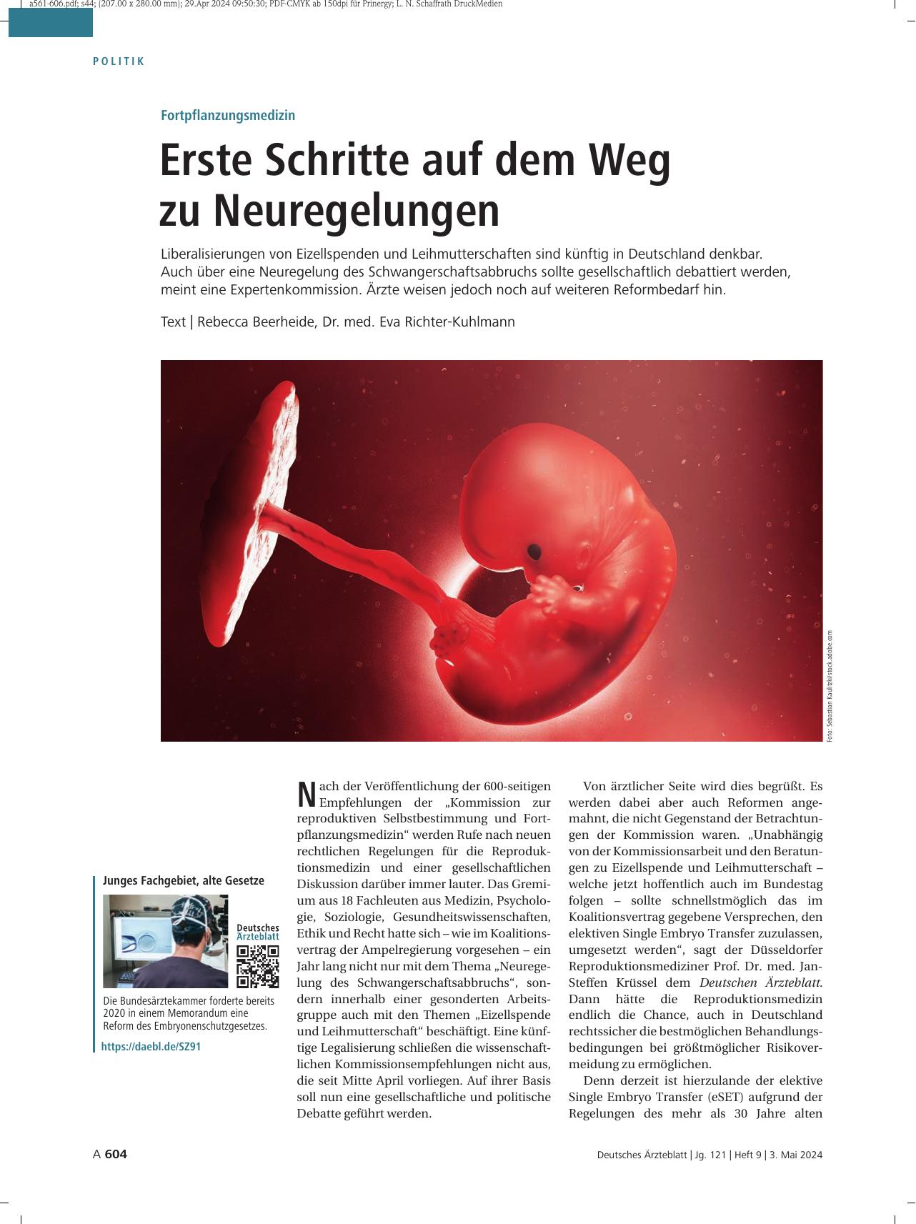 Vorschauseite 1: Fortpflanzungsmedizin: Erste Schritte auf dem Weg zu Neuregelungen