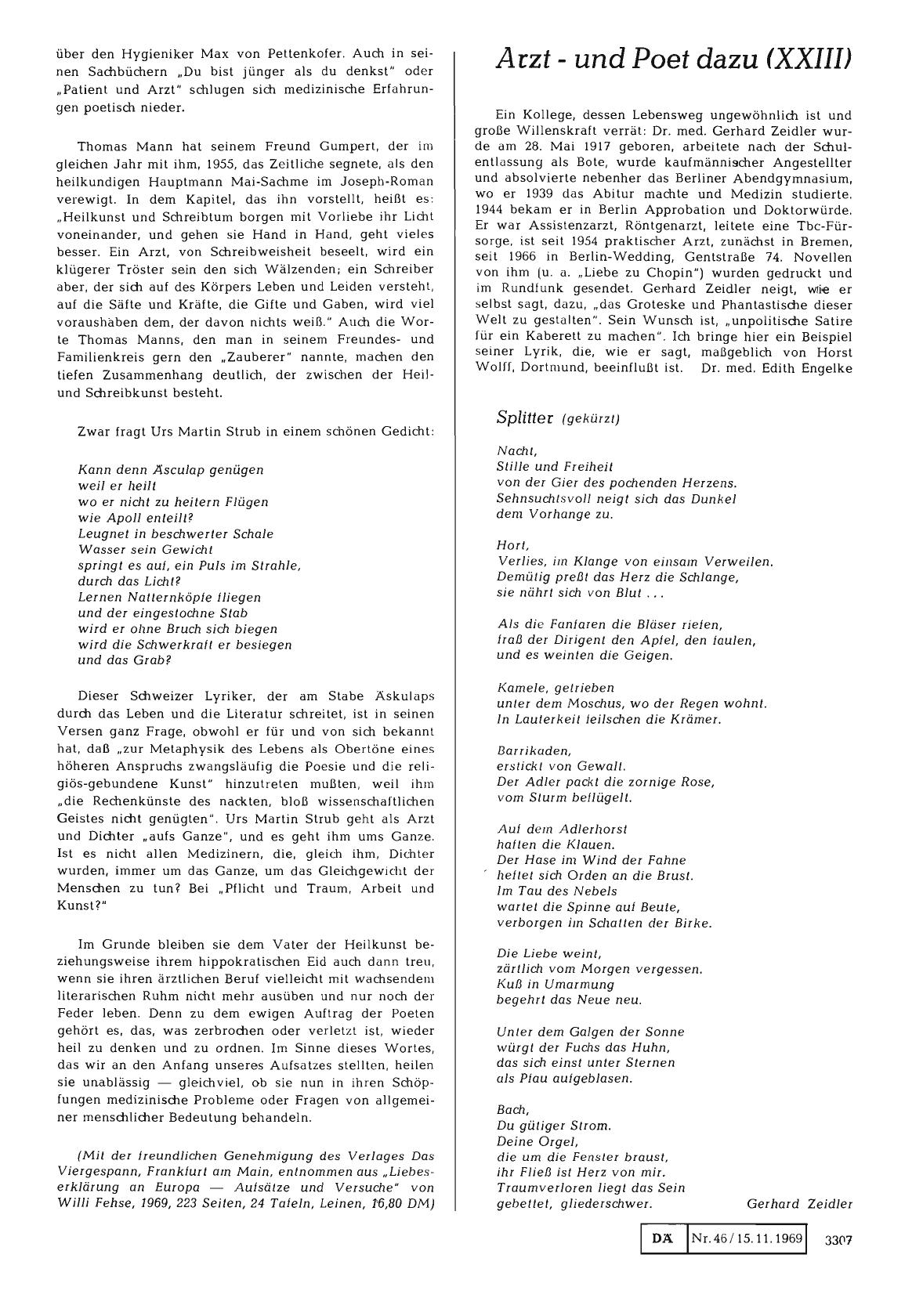 Vorschauseite 1: Arzt — und Poet dazu (XXIII): Dr. med. Gerhard Zeidler