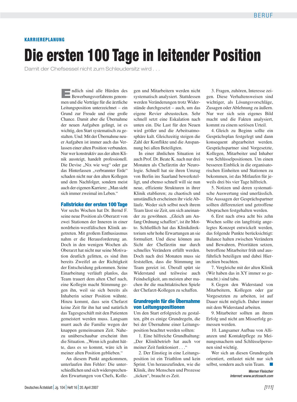 Vorschauseite 1: Karriereplanung: Die ersten 100 Tage in leitender Position