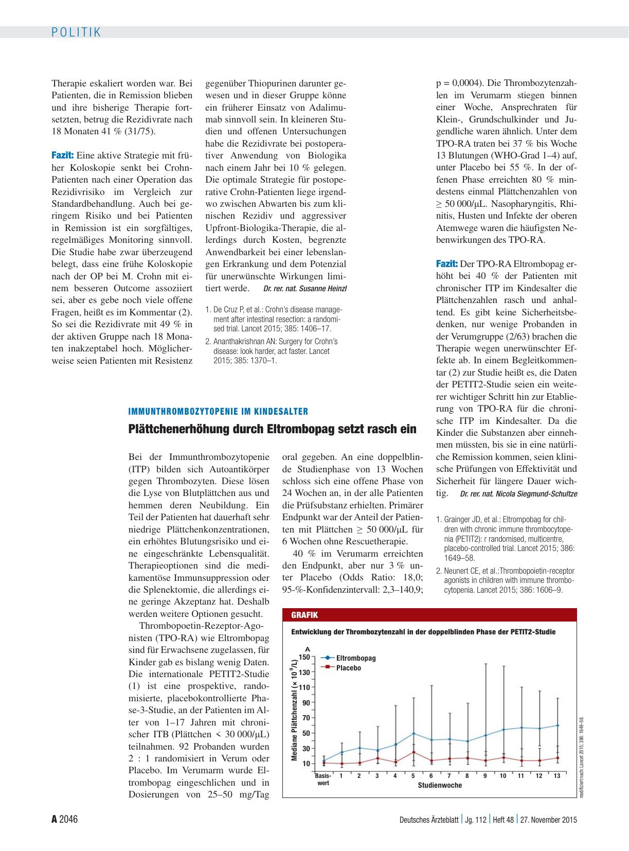 Vorschauseite 1: Immunthrombozytopenie im Kindesalter: Plättchenerhöhung durch Eltrombopag setzt rasch ein