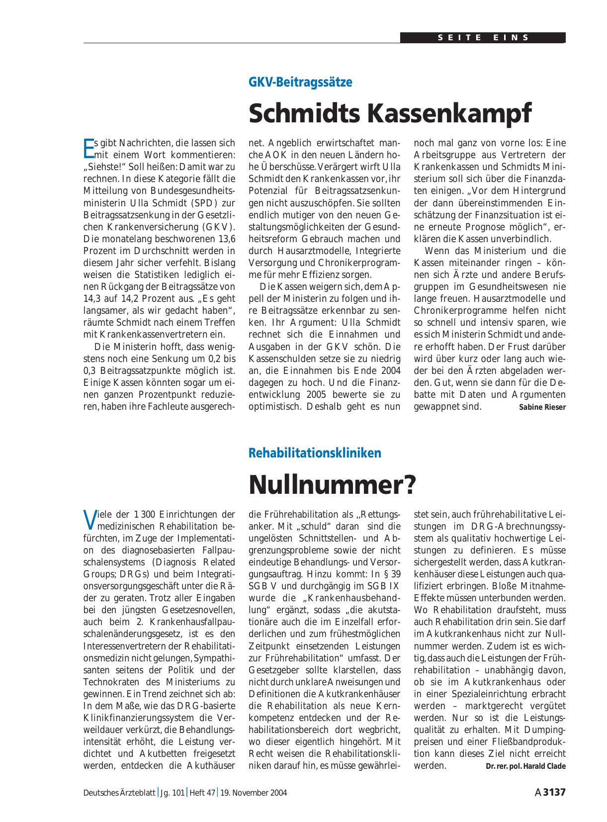 Vorschauseite 1: GKV-Beitragssätze: Schmidts Kassenkampf