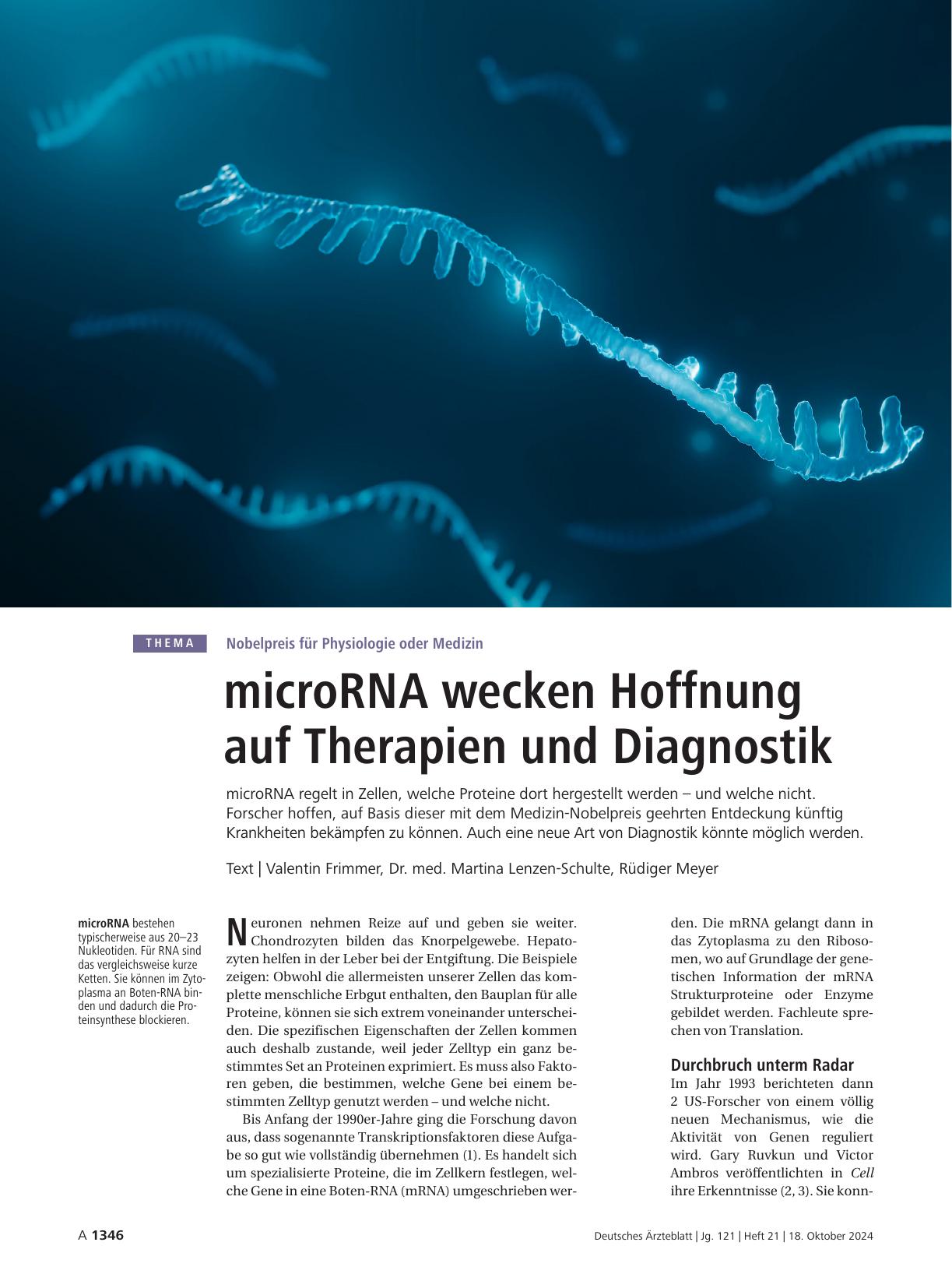 Vorschauseite 1: Nobelpreis für Physiologie oder Medizin: microRNA wecken Hoffnung auf Therapien und Diagnostik