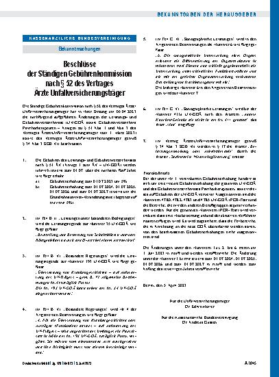Vorschauseite 1: Beschlüsse der Ständigen Gebührenkommission nach § 52 des Vertrages Ärzte Unfallversicherungsträger