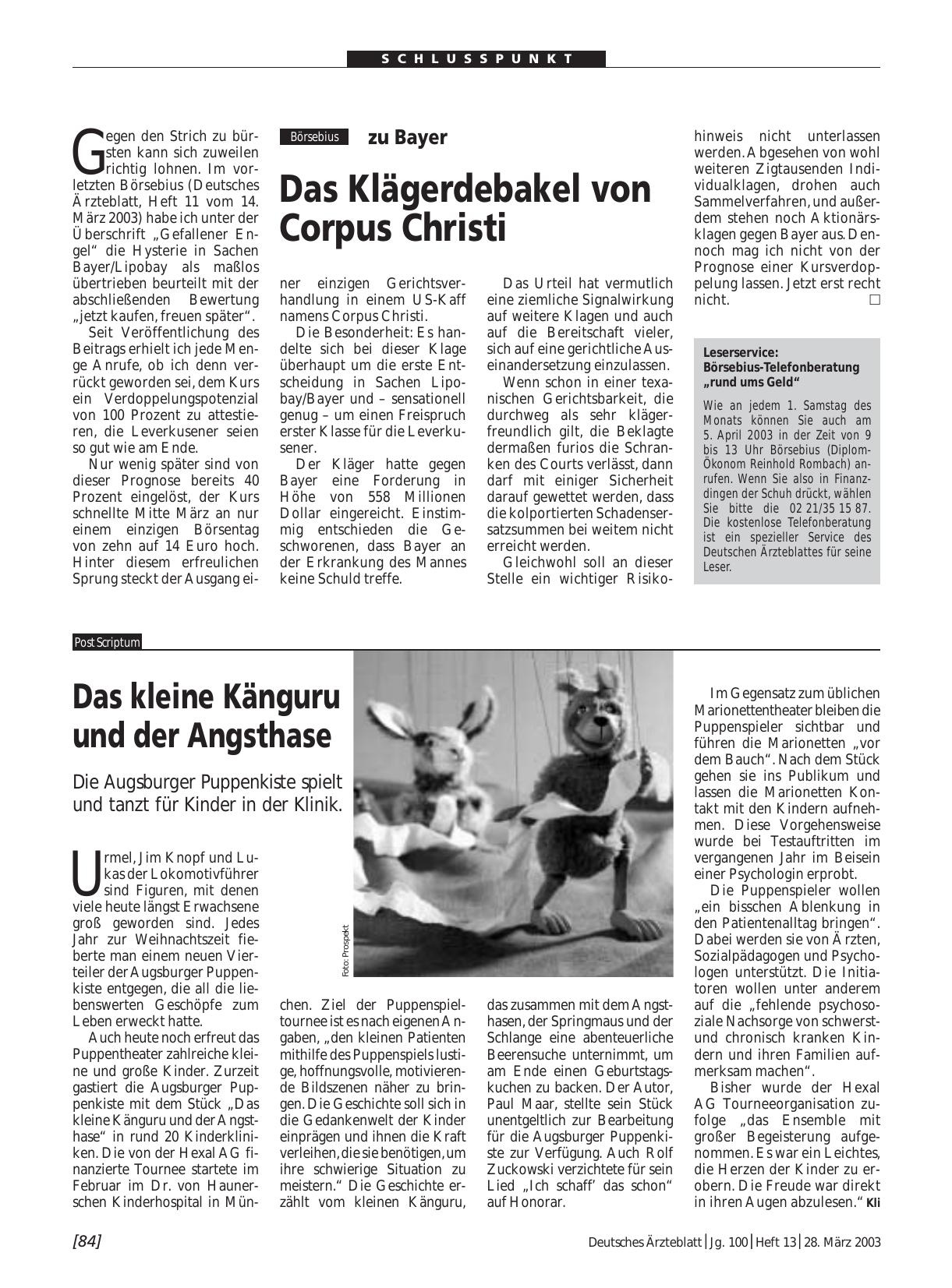 Vorschauseite 1: Das kleine Känguru und der Angsthase: Die Augsburger Puppenkiste spielt und tanzt für Kinder in der Klinik