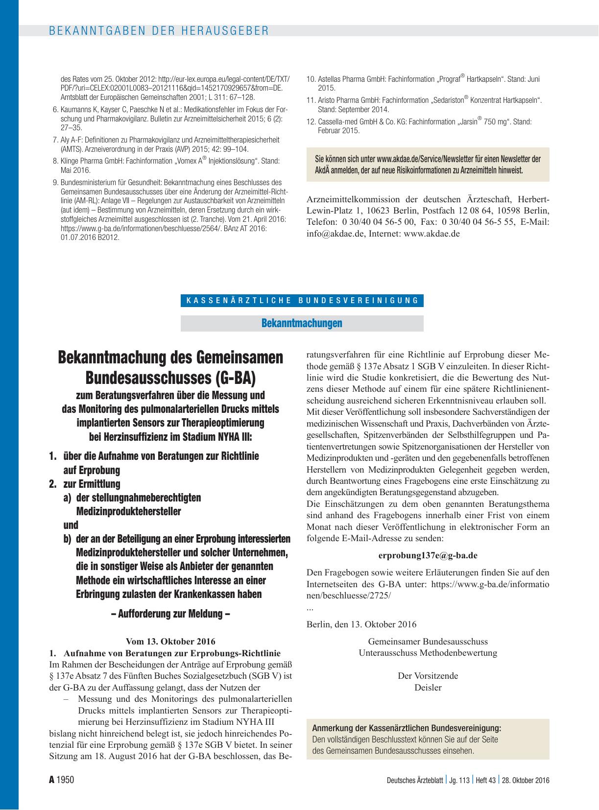 Vorschauseite 1: Bekanntmachung des Gemeinsamen Bundesausschusses (G-BA) zum Beratungsverfahren über die Messung und das Monitoring des pulmonalarteriellen Drucks mittels implantierten Sensors zur…